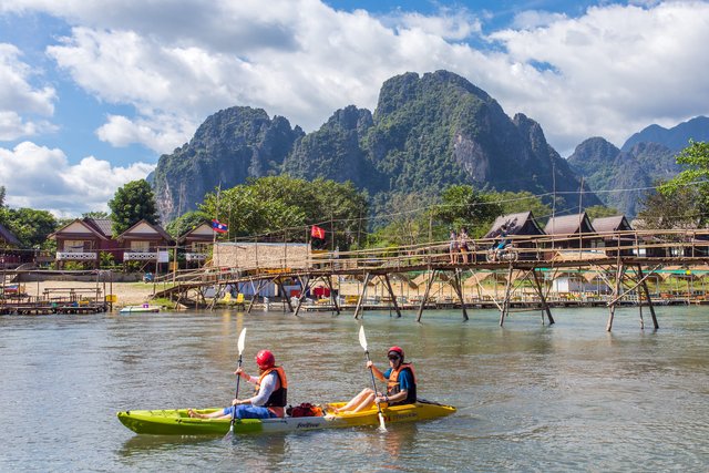 Kayak boats in Nam Song River in Vang Vieng Laos